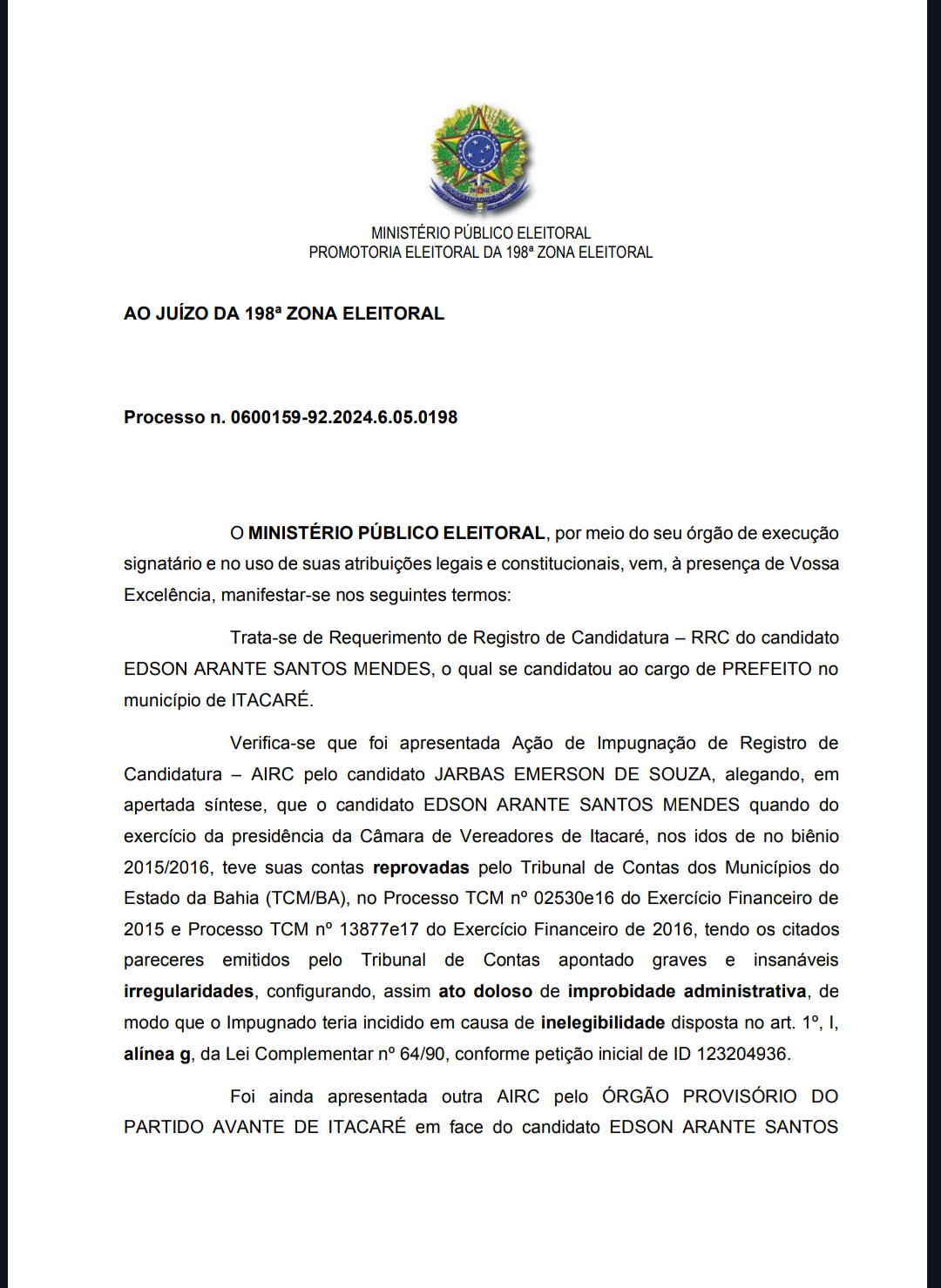 MPE SE MANIFESTA PELA INELEGIBILIDADE DE NEGO DE SARONGA (PT) EM ITACARÉ