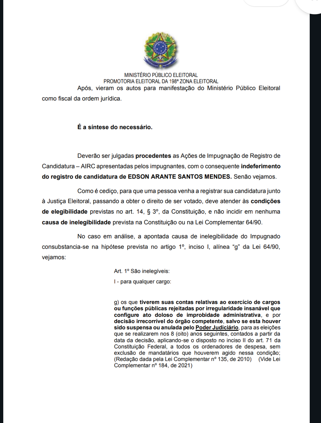 MPE SE MANIFESTA PELA INELEGIBILIDADE DE NEGO DE SARONGA (PT) EM ITACARÉ