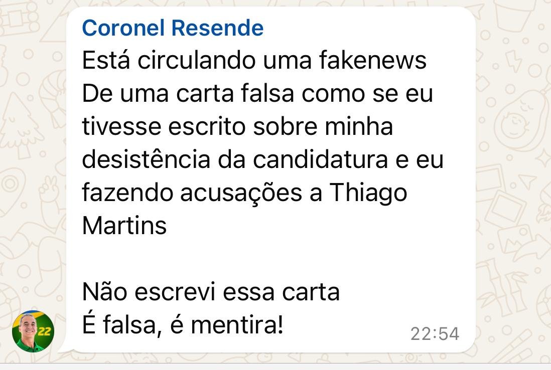 “NÃO ESCREVI ESSA CARTA É FALSA , É MENTIRA ” AFIRMA CORONEL RESENDE