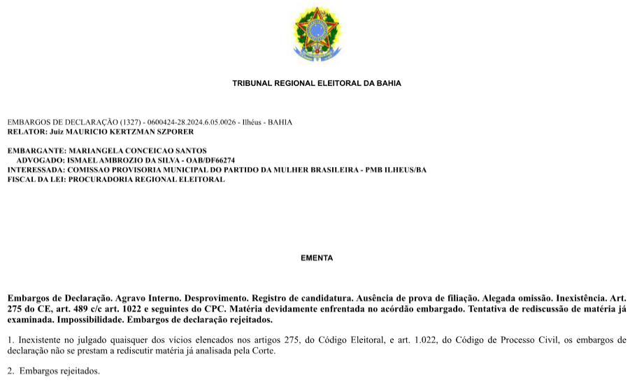 ACÓRDÃO DIZ QUE MULHER INDICADA PELO PMB NÃO TINHA FILIAÇÃO PARTIDÁRIA