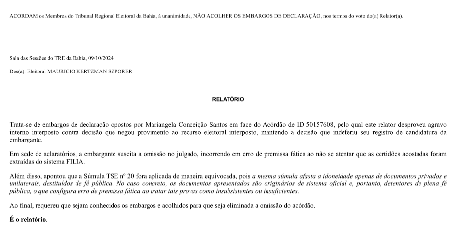 ACÓRDÃO DIZ QUE MULHER INDICADA PELO PMB NÃO TINHA FILIAÇÃO PARTIDÁRIA