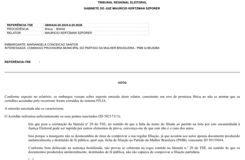 ACÓRDÃO DIZ QUE MULHER INDICADA PELO PMB NÃO TINHA FILIAÇÃO PARTIDÁRIA