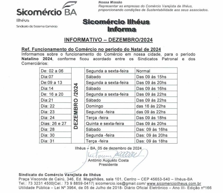 CONVENÇÃO COLETIVA DEFINE HORÁRIOS  DO COMÉRCIO DE ILHÉUS PARA O FIM DE ANO