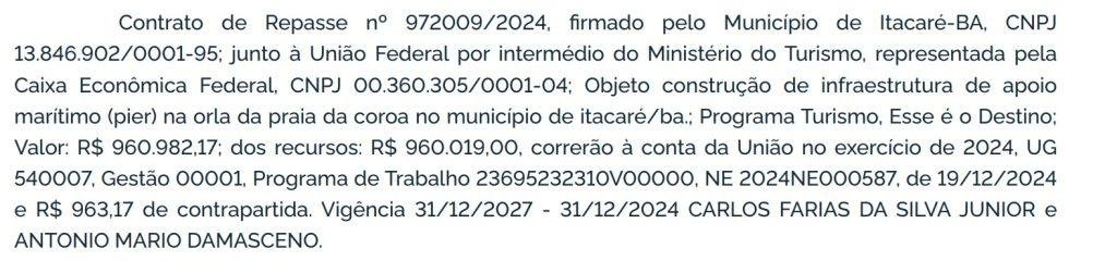 GOVERNO LULA GARANTE QUASE R$ 1 MILHÃO PARA OBRA DE PÍER EM ITACARÉ