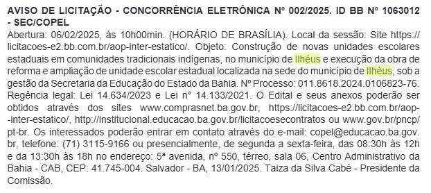 INVESTIMENTO DE R$ 1,3 BILHÃO INCLUI ESCOLAS EM OLIVENÇA, ILHÉUS