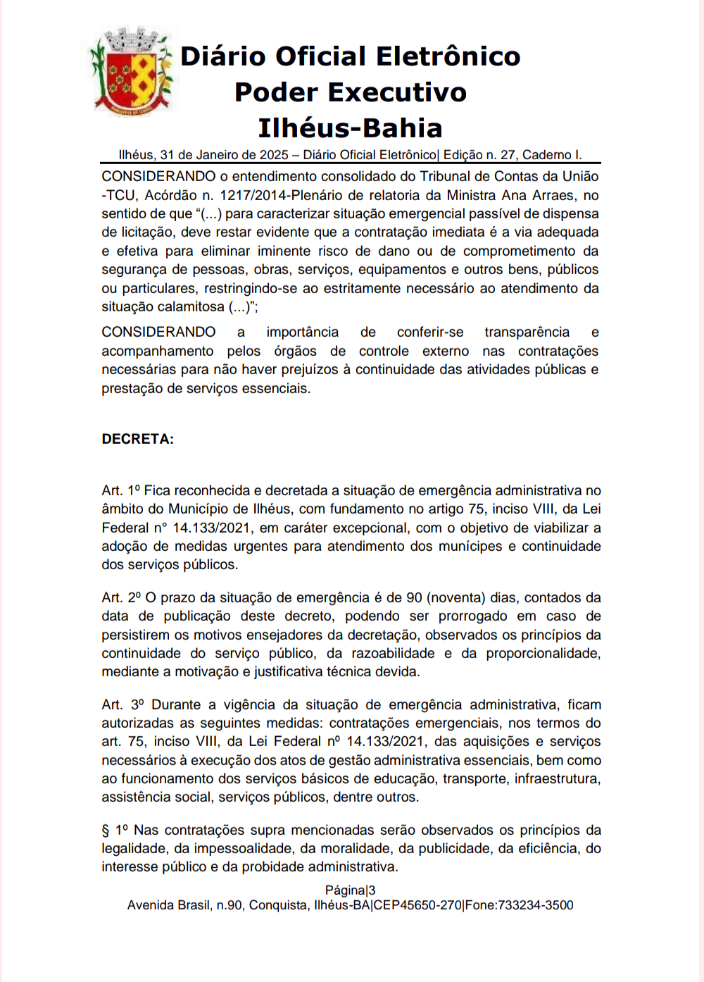 MUNICÍPIO DE ILHÉUS DECRETA EMERGÊNCIA ADMINISTRATIVA