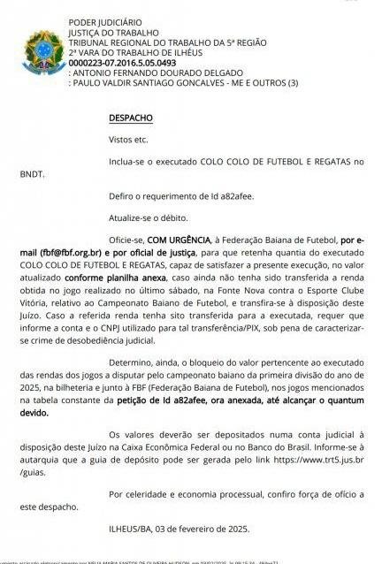 JUSTIÇA DO TRABALHO DETERMINA RETENÇÃO DE RECEITAS DO COLO COLO PARA QUITAÇÃO DE DÉBITO TRABALHISTA