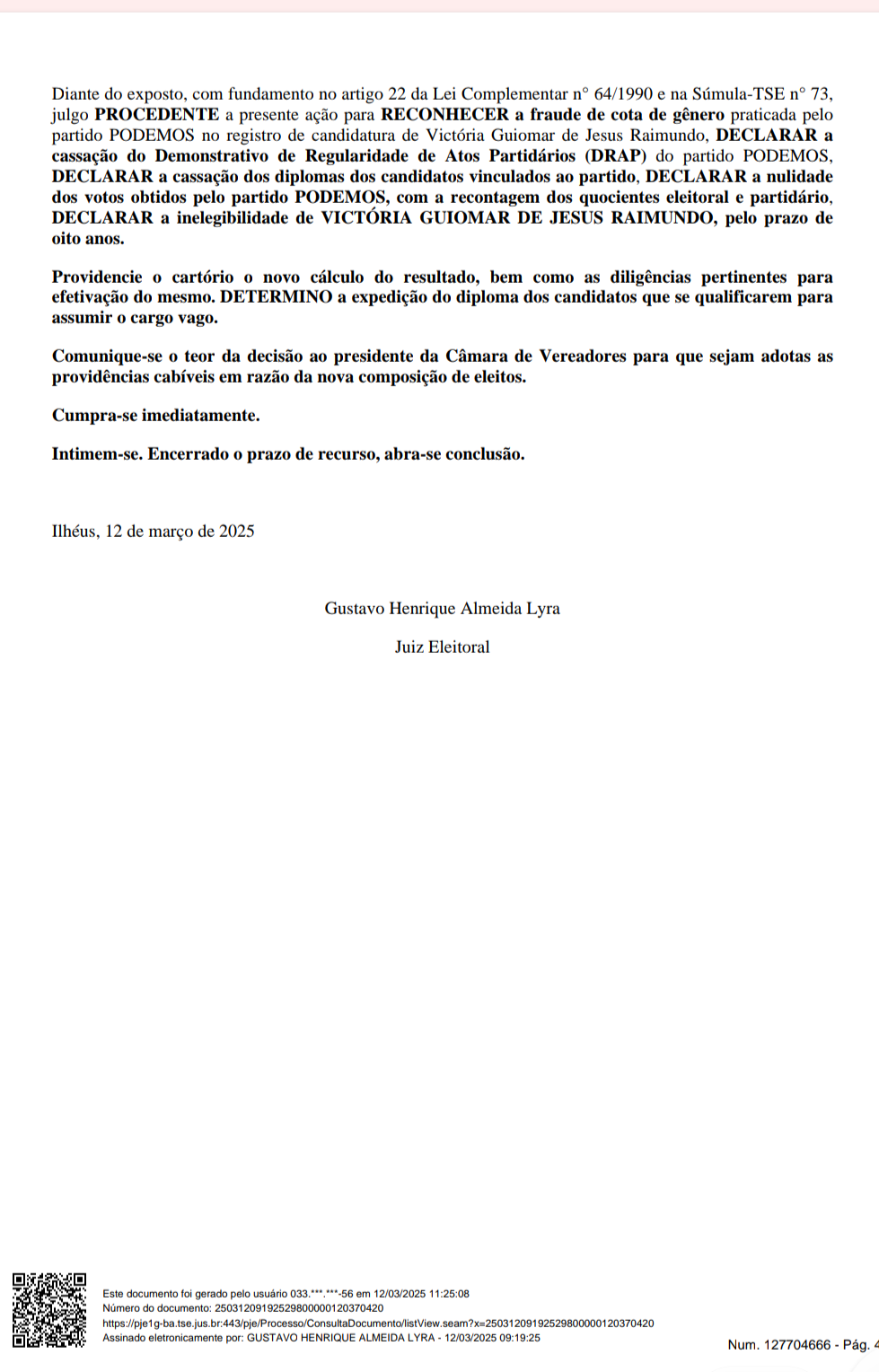 JUSTIÇA ELEITORAL DE ILHÉUS CASSA MANDATOS DE VEREADORES POR FRAUDE À COTA DE GÊNERO