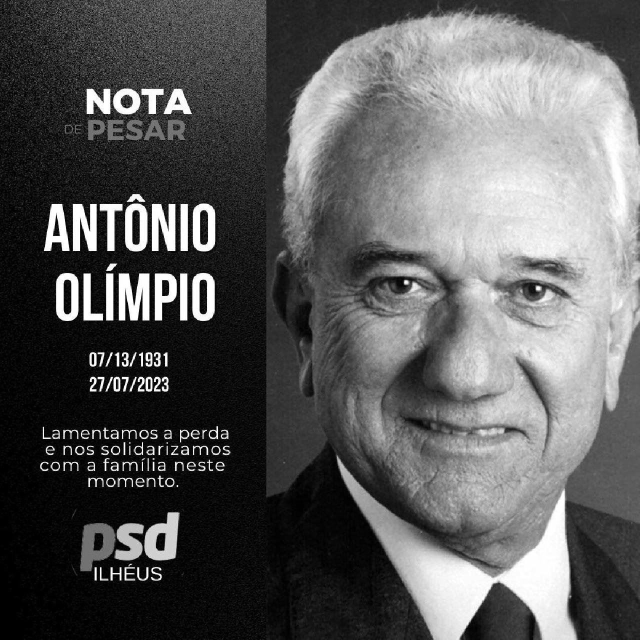 PSD DE ILHÉUS PUBLICA NOTA DE PESAR PELO FALECIMENTO DE ANTÔNIO OLÍMPIO 