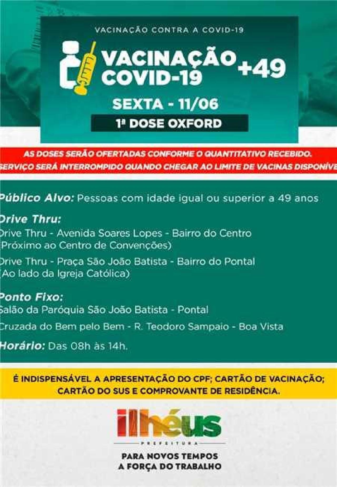 COVID-19: PÚBLICO A PARTIR DE 49 ANOS SERÁ VACINADO EM ILHÉUS NESTA SEXTA-FEIRA, 11