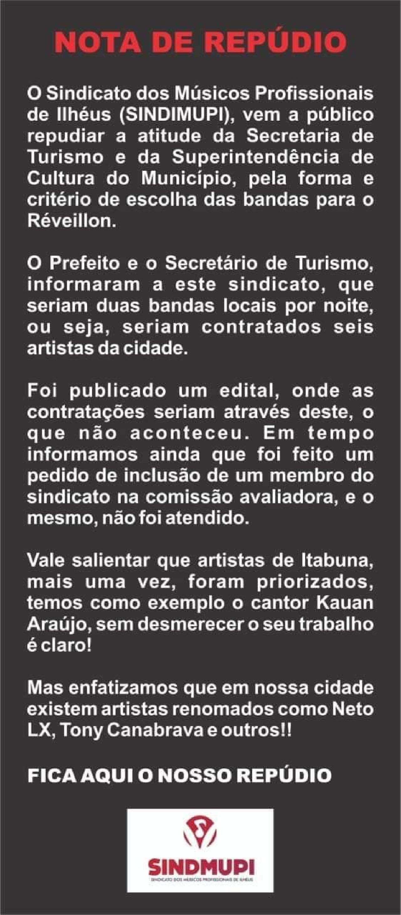 MÚSICOS DE ILHÉUS EMITEM NOTA REPUDIANDO ESCOLHA DE ARTISTAS PARA O RÉVEILLON