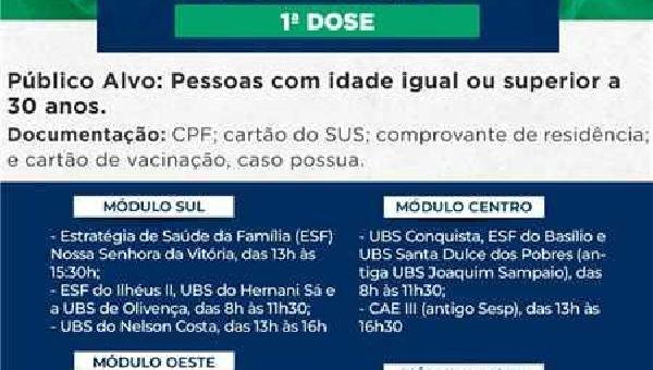 ILHÉUS RETOMA APLICAÇÃO DA 1ª DOSE PARA PESSOAS COM IDADE IGUAL OU SUPERIOR A 30 ANOS