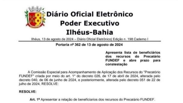 PREFEITURA DE ILHÉUS PUBLICA LISTA DOS BENEFICIÁRIOS DO FUNDEF