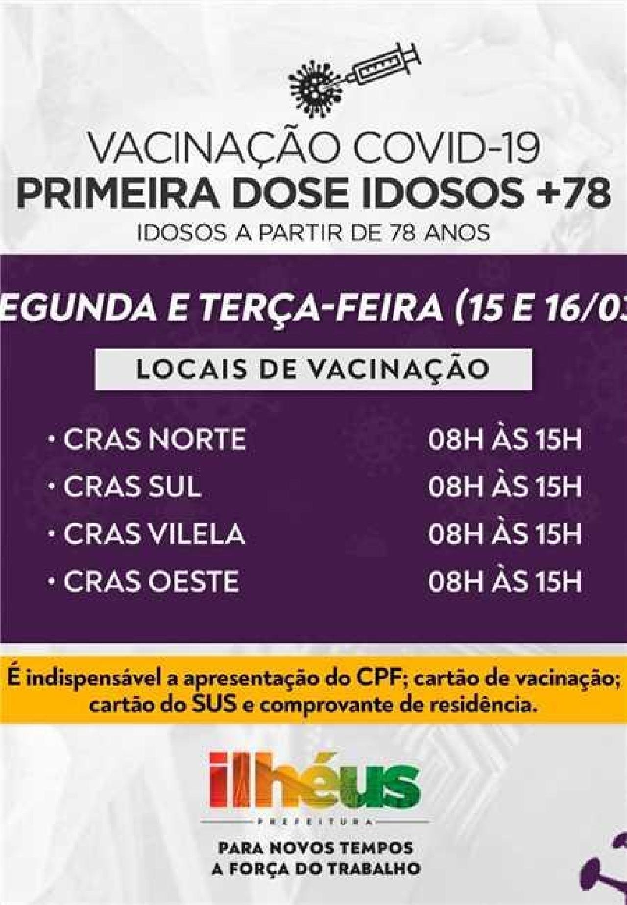 IDOSOS A PARTIR DE 78 ANOS COMEÇAM A SER VACINADOS EM ILHÉUS NESTA SEGUNDA-FEIRA