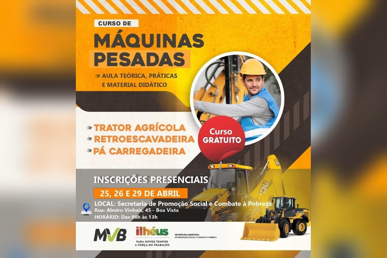 INSCRIÇÕES PARA CURSO GRATUITO DE MÁQUINAS PESADAS COMEÇAM NESTA QUINTA-FEIRA (25)