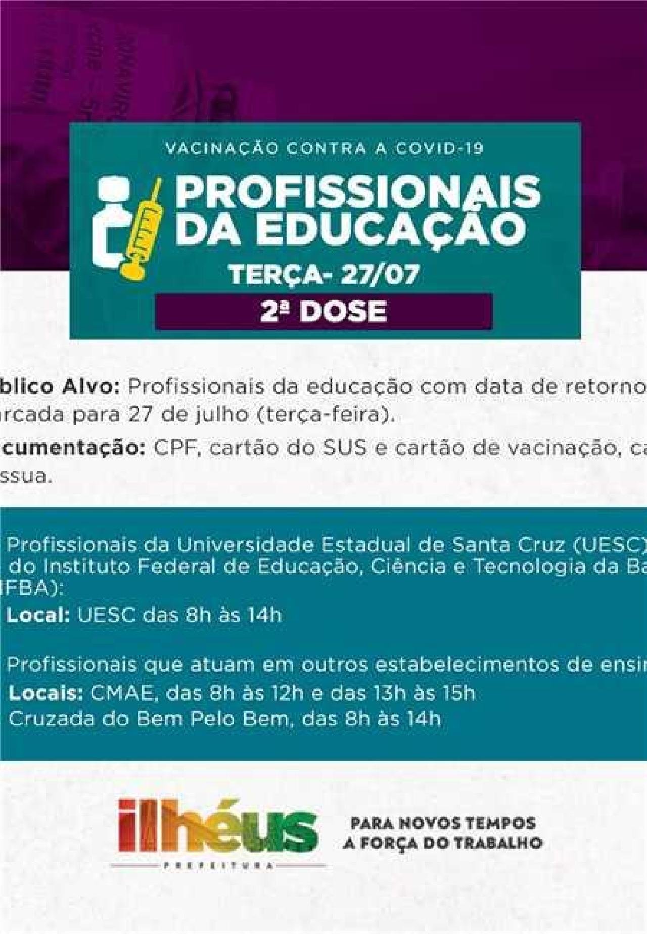 COVID-19: APLICAÇÃO DA 2ª DOSE PARA PROFISSIONAIS DA EDUCAÇÃO COMEÇA NESTA TERÇA (27); VEJA PONTOS